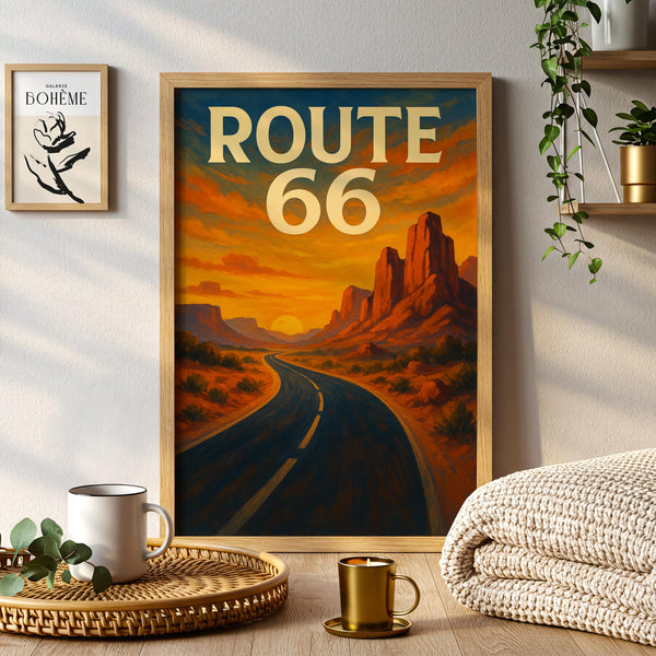 Route 66 Vintage Travel Poster, American Desert Landscape Art Print