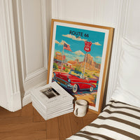 Route 66 Poster Featuring Classic Red Convertible and Vintage Diner Signs on Scenic Desert Highway for Retro Americana Wall Art, Gift Idea