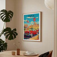 Route 66 Poster Featuring Classic Red Convertible and Vintage Diner Signs on Scenic Desert Highway for Retro Americana Wall Art, Gift Idea