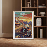 Route 66 Motorcycle Poster Featuring Classic Cruiser and Retro Diner Signs on Sunset Desert Highway for Americana Wall Art and Biker Decor