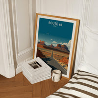 Route 66 Desert Highway Poster Featuring Endless Road Through Monument Valley for Americana Road Trip Wall Art and Wanderlust Decor, Gift