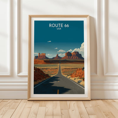 Route 66 Desert Highway Poster Featuring Endless Road Through Monument Valley for Americana Road Trip Wall Art and Wanderlust Decor, Gift
