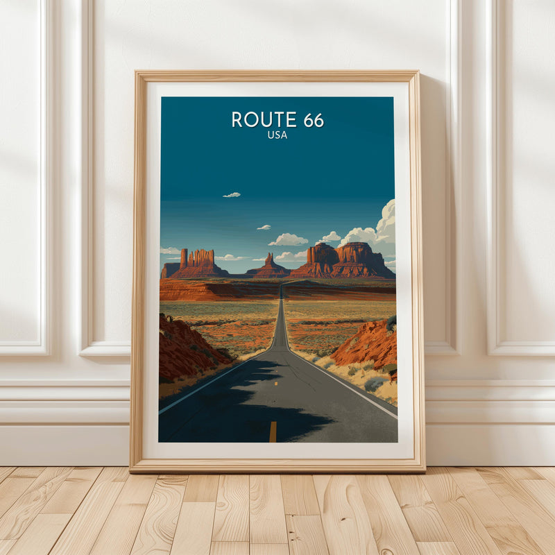 Route 66 Desert Highway Poster Featuring Endless Road Through Monument Valley for Americana Road Trip Wall Art and Wanderlust Decor, Gift