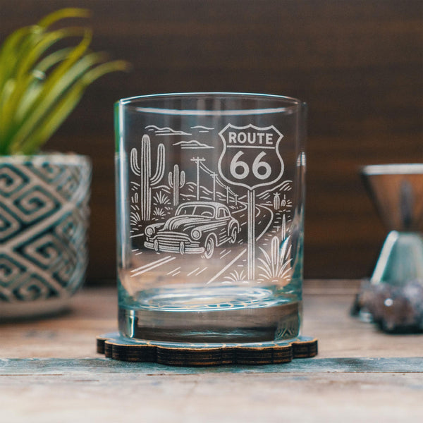 Route 66 Glasses | Laser Etched Road Trip Glassware | Engraved Gift for Travelers & Americana Fans