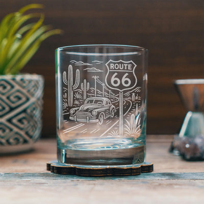 Route 66 Glasses | Laser Etched Road Trip Glassware | Engraved Gift for Travelers & Americana Fans