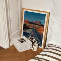 Route 66 Poster Featuring Iconic Road Shield and Monument Valley Desert Highway for Vintage Americana Wall Art and Travel Decor, Gift Idea