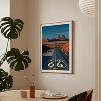 Route 66 Poster Featuring Iconic Road Shield and Monument Valley Desert Highway for Vintage Americana Wall Art and Travel Decor, Gift Idea