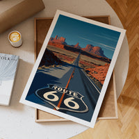 Route 66 Poster Featuring Iconic Road Shield and Monument Valley Desert Highway for Vintage Americana Wall Art and Travel Decor, Gift Idea