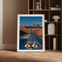 Route 66 Poster Featuring Iconic Road Shield and Monument Valley Desert Highway for Vintage Americana Wall Art and Travel Decor, Gift Idea