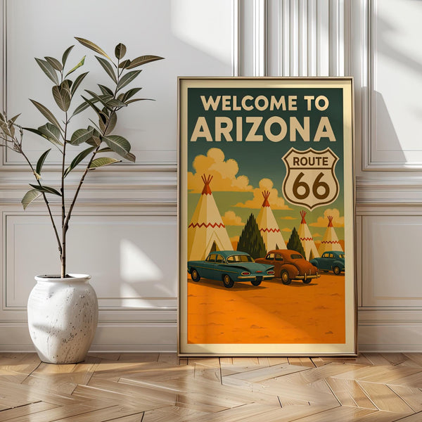 Vintage Route 66 Arizona Travel Poster, Wigwam Motel Teepee Cabins Illustration