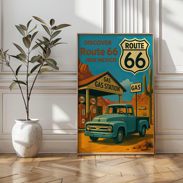 Vintage Route 66 Poster: Retro Ford Truck, New Mexico Travel Art