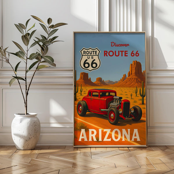 Route 66 Hot Rod Art Print: Vintage Arizona Travel Poster