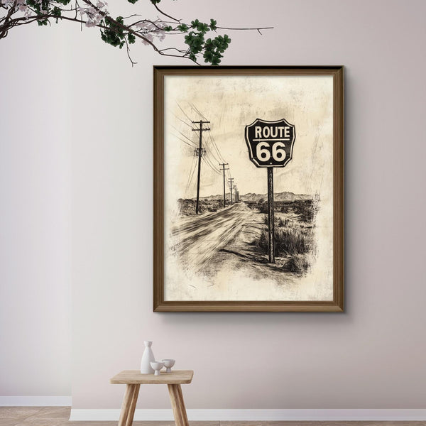 Vintage Route 66 Highway Road Sign Wall Art Print | Desert Mother Road Ink Sketch on Parchment, Instant Digital Download
