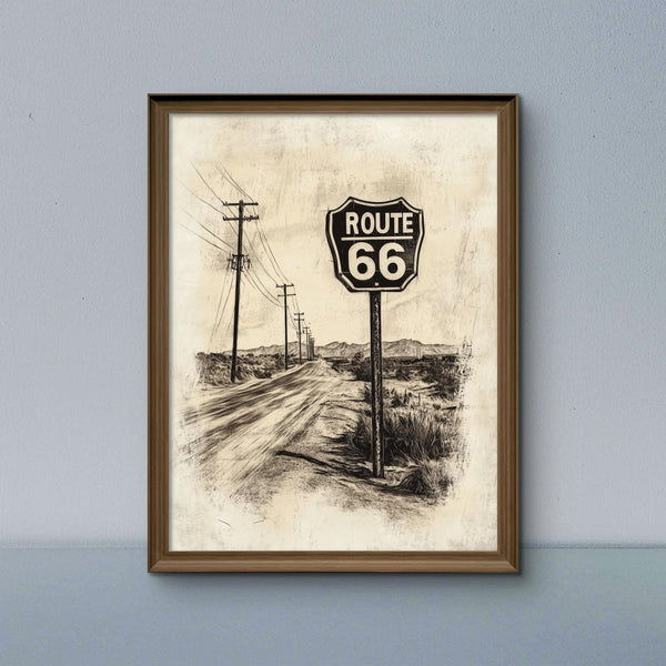 Vintage Route 66 Highway Road Sign Wall Art Print | Desert Mother Road Ink Sketch on Parchment, Instant Digital Download