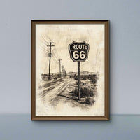 Vintage Route 66 Highway Road Sign Wall Art Print | Desert Mother Road Ink Sketch on Parchment, Instant Digital Download