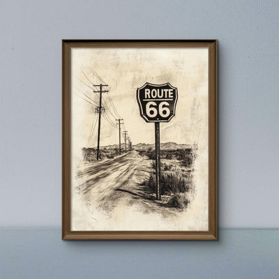Vintage Route 66 Highway Road Sign Wall Art Print | Desert Mother Road Ink Sketch on Parchment, Instant Digital Download