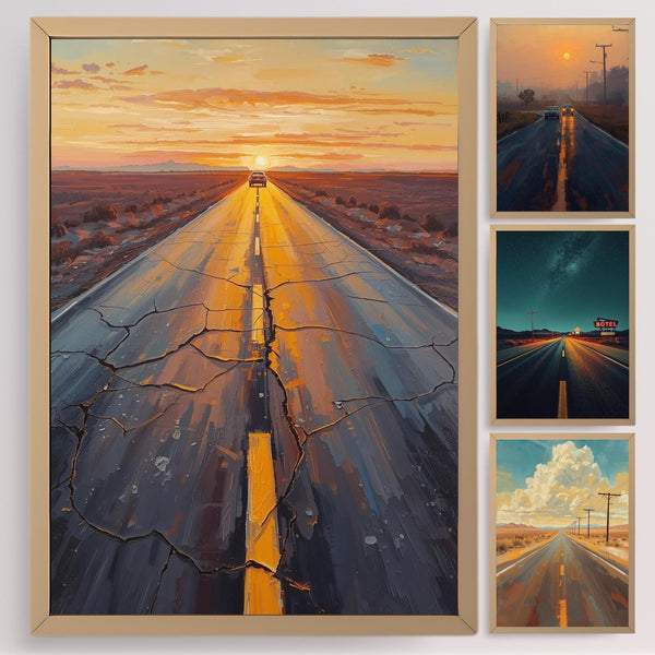 Endless American Road Poster | Retro Route 66 Americana Wall Art Print 4 Piece