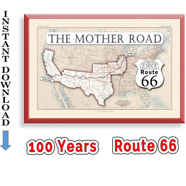 1926 Route 66 Map Art Print, Mother Road, USA (Digital Download) 100th anniversary