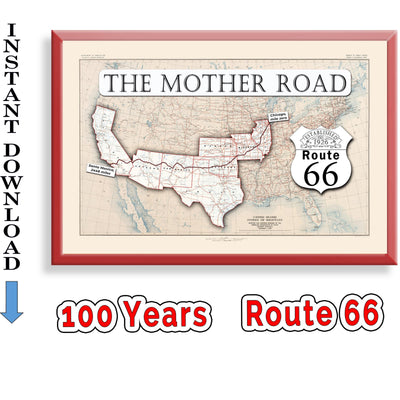 1926 Route 66 Map Art Print, Mother Road, USA (Digital Download) 100th anniversary