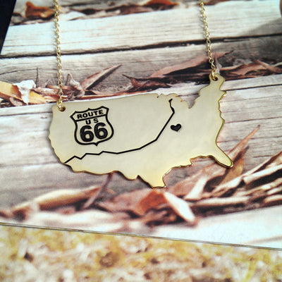 USA Map Necklace,US Interstate,Highway Freeway,Route 66 Travel Map Necklace,USA Charm Necklace,Custom Necklace With A Heart
