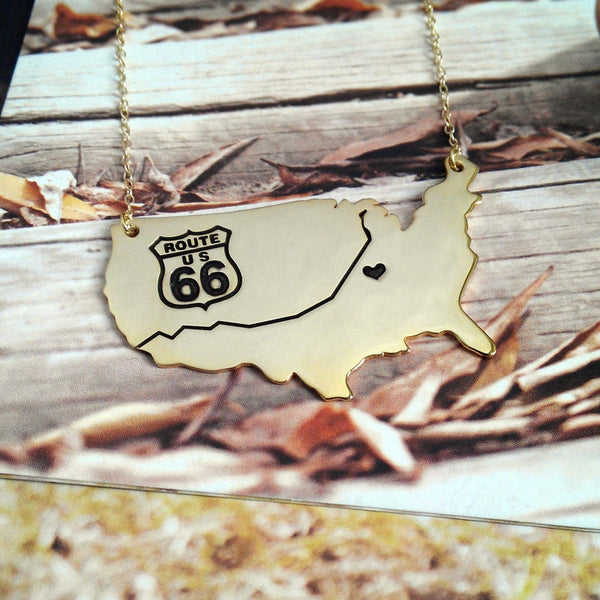 USA Map Necklace,US Interstate,Highway Freeway,Route 66 Travel Map Necklace,USA Charm Necklace,Custom Necklace With A Heart