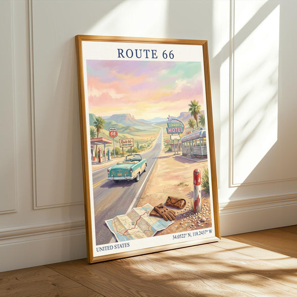 Route 66 Art Print – Retro Americana Teal, Sand Beiges, Pink Sky