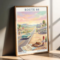 Route 66 Art Print – Retro Americana Teal, Sand Beiges, Pink Sky