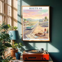 Route 66 Art Print – Retro Americana Teal, Sand Beiges, Pink Sky