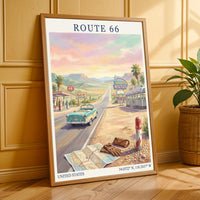 Route 66 Art Print – Retro Americana Teal, Sand Beiges, Pink Sky