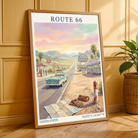 Route 66 Art Print – Retro Americana Teal, Sand Beiges, Pink Sky