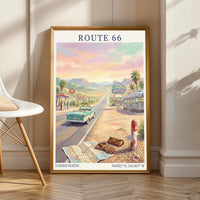 Route 66 Art Print – Retro Americana Teal, Sand Beiges, Pink Sky