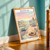 Route 66 Art Print – Retro Americana Teal, Sand Beiges, Pink Sky