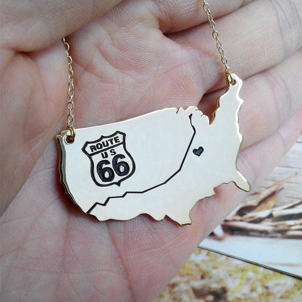 USA Map Necklace,US Interstate,Highway Freeway,Route 66 Travel Map Necklace,USA Charm Necklace,Custom Necklace With A Heart