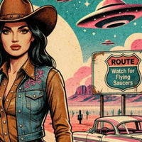 Cowgirl Wall Art, Pink Alien Print, Retro Sci Fi Western Decor, Vintage Desert Poster, Route 66 Illustration Art, 1950s style Print