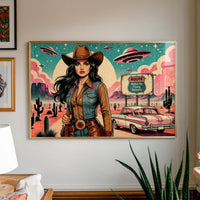 Cowgirl Wall Art, Pink Alien Print, Retro Sci Fi Western Decor, Vintage Desert Poster, Route 66 Illustration Art, 1950s style Print