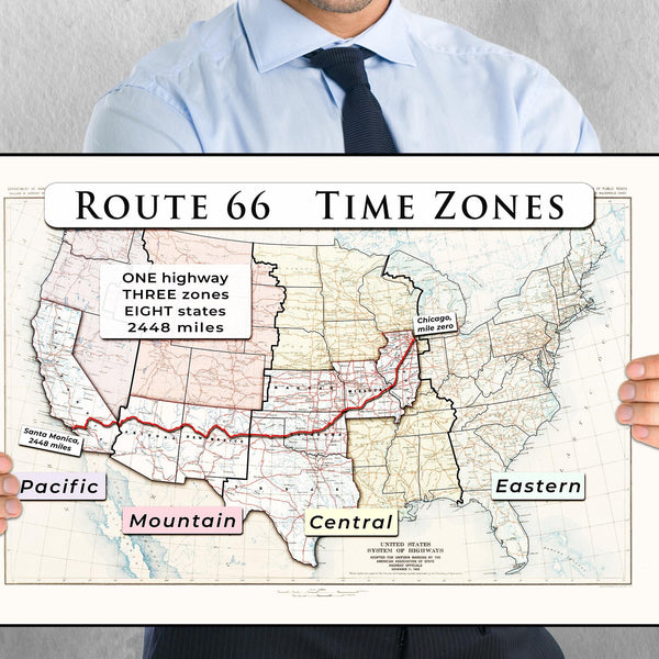 US Route 66 with time zones printable wall art poster (instant download)