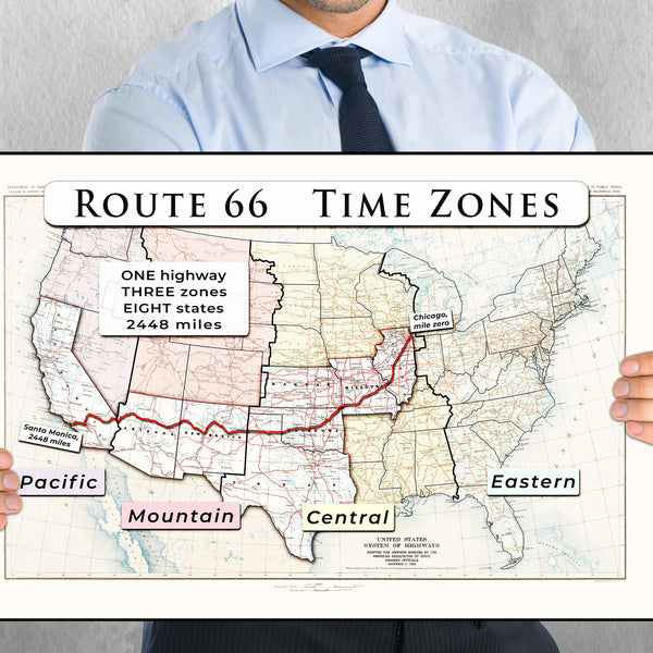 US Route 66 with time zones printable wall art poster (instant download)