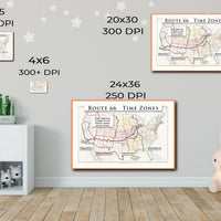 US Route 66 with time zones printable wall art poster (instant download)