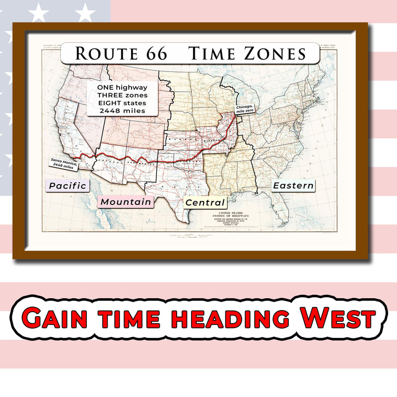US Route 66 with time zones printable wall art poster (instant download)