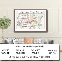 US Route 66 with time zones printable wall art poster (instant download)