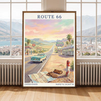 Route 66 Art Print – Retro Americana Teal, Sand Beiges, Pink Sky