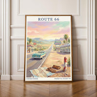 Route 66 Art Print – Retro Americana Teal, Sand Beiges, Pink Sky