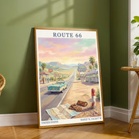 Route 66 Art Print – Retro Americana Teal, Sand Beiges, Pink Sky