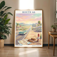 Route 66 Art Print – Retro Americana Teal, Sand Beiges, Pink Sky