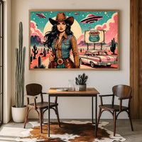 Cowgirl Wall Art, Pink Alien Print, Retro Sci Fi Western Decor, Vintage Desert Poster, Route 66 Illustration Art, 1950s style Print