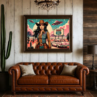 Cowgirl Wall Art, Pink Alien Print, Retro Sci Fi Western Decor, Vintage Desert Poster, Route 66 Illustration Art, 1950s style Print