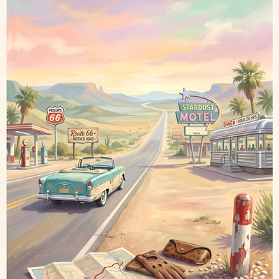Route 66 Art Print – Retro Americana Teal, Sand Beiges, Pink Sky