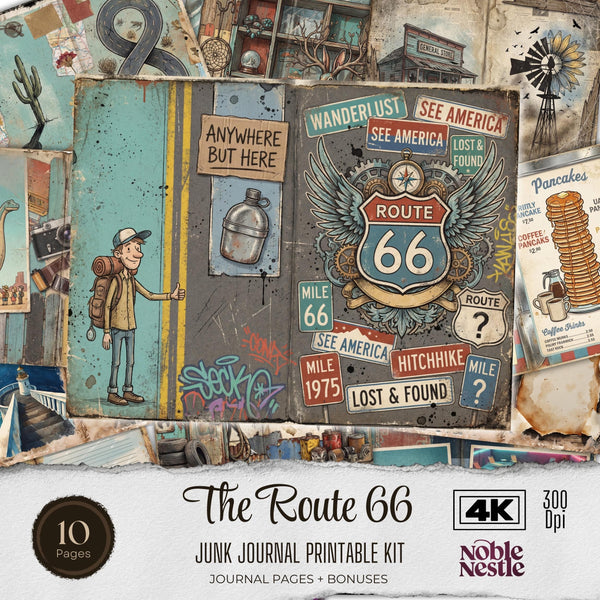 Route 66 Junk Journal Kit - Vintage Digital Download Ephemera - Printable Scrapbook Paper US Letter | 10 Double sided Pages