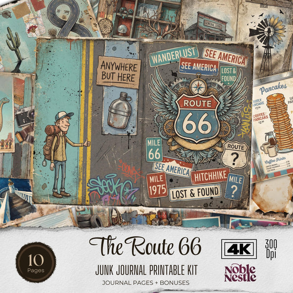 Route 66 Junk Journal Kit - Vintage Digital Download Ephemera - Printable Scrapbook Paper US Letter | 10 Double sided Pages