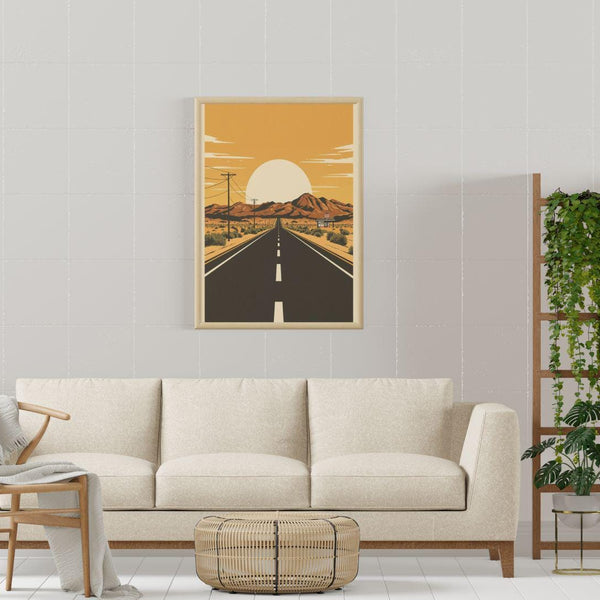 Route 66 Desert Sunset Wall Art, Vintage American Highway Road Trip Poster